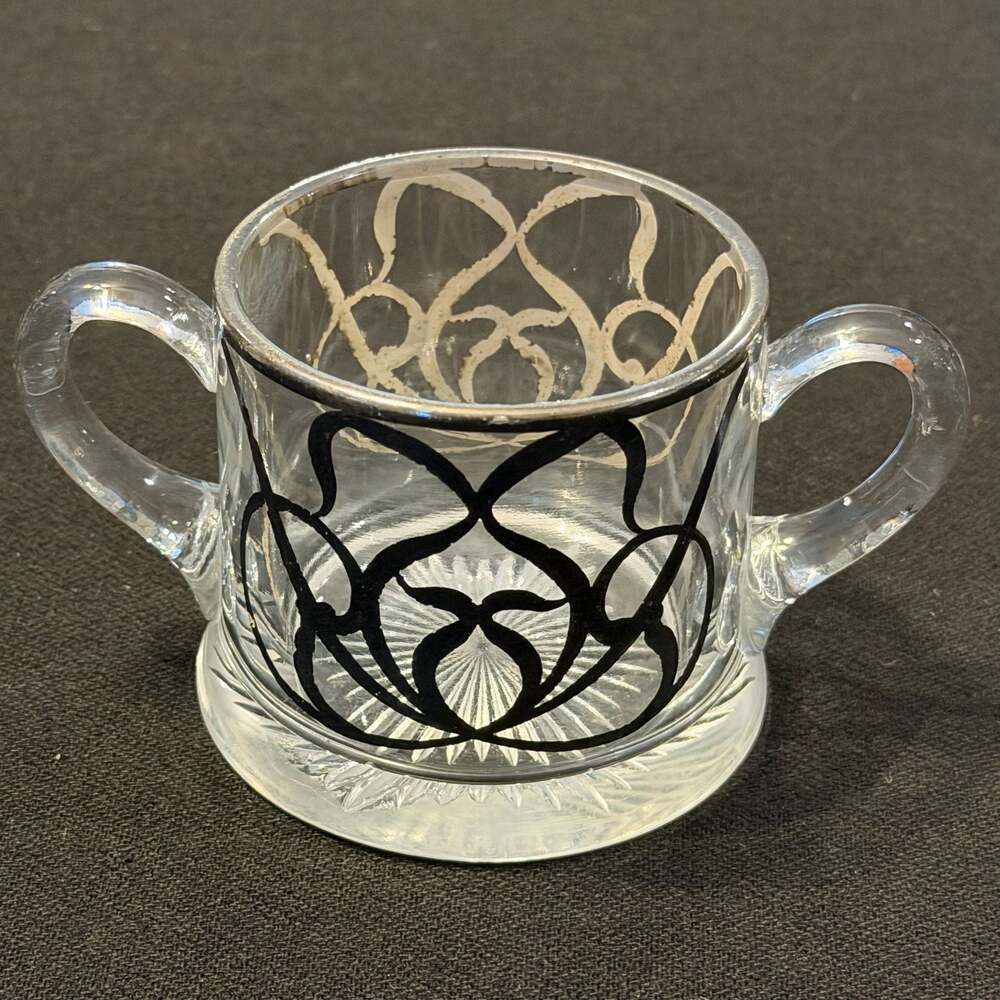 Vintage/Antique Silver Overlay Clear Glass Open Sugar Bowl Owl Eyes Pattern 3”